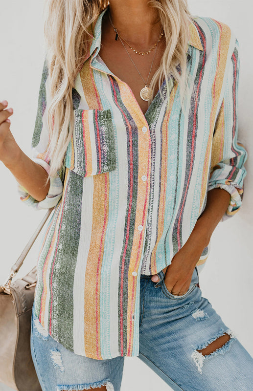 Striped Button-Up Shirt – Colorful & Chic Long Sleeve Top for Any Season