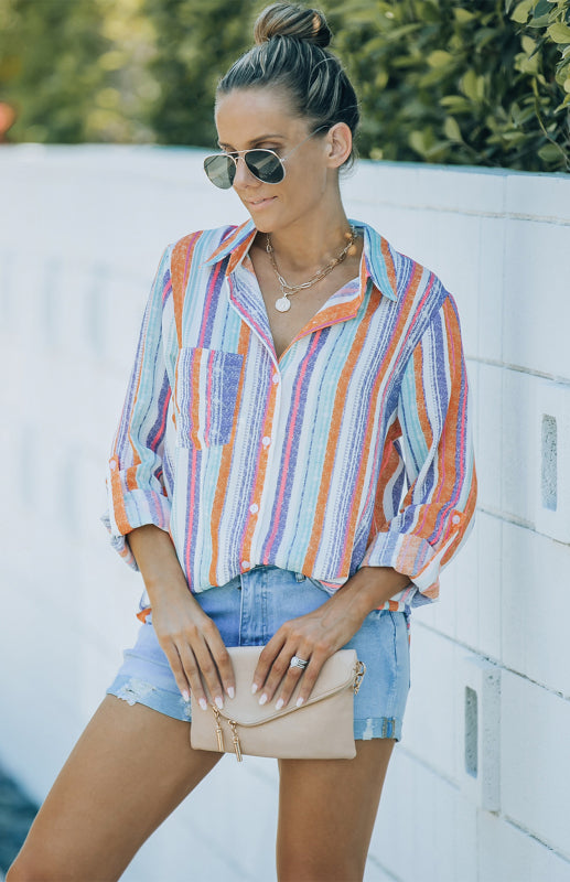 Striped Button-Up Shirt – Colorful & Chic Long Sleeve Top for Any Season