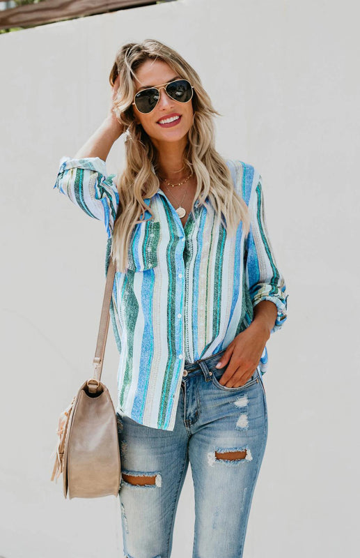 Striped Button-Up Shirt – Colorful & Chic Long Sleeve Top for Any Season