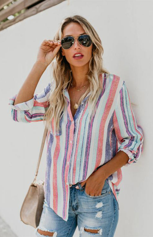 Striped Button-Up Shirt – Colorful & Chic Long Sleeve Top for Any Season