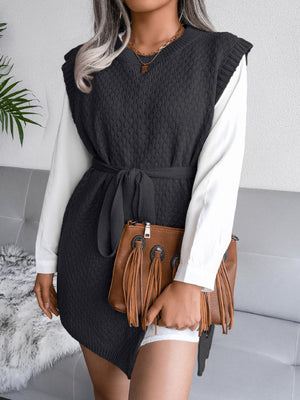 🖤 Cozy Chic Knit Dress Belted Sweater Vest Skirt – Fall Winter Must-Have ✨