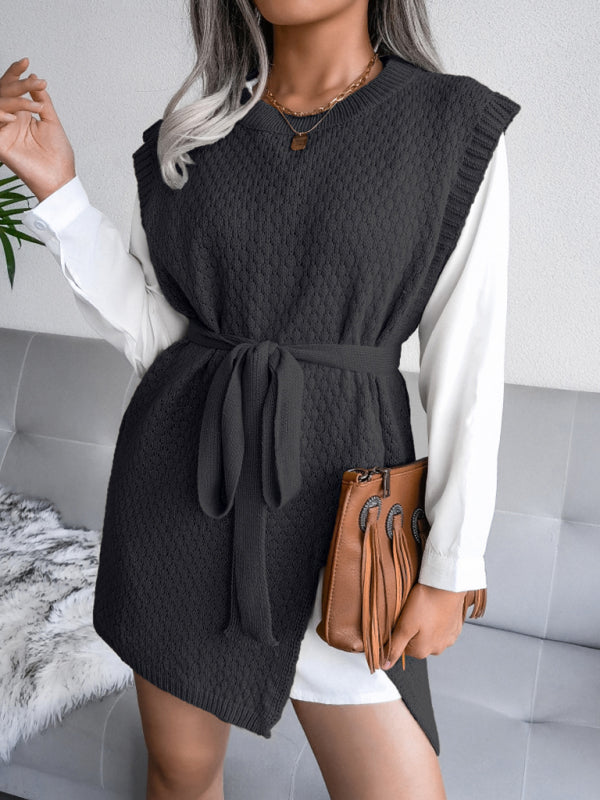 🖤 Cozy Chic Knit Dress Belted Sweater Vest Skirt – Fall Winter Must-Have ✨