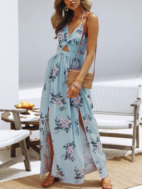 Flowy Halter V-Neck Chiffon Dress – stylish Split Maxi for Vacation & Summer