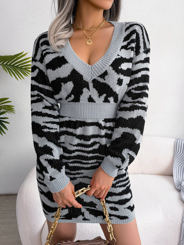 🖤 Chic Tiger Print Lantern Sleeve Sweater Dress – Cozy & Stylish 🖤