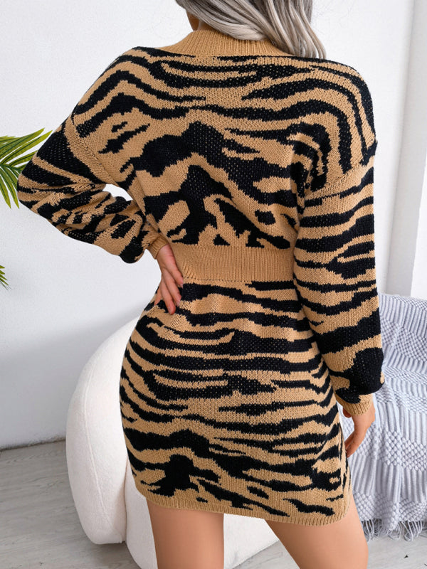 🖤 Chic Tiger Print Lantern Sleeve Sweater Dress – Cozy & Stylish 🖤