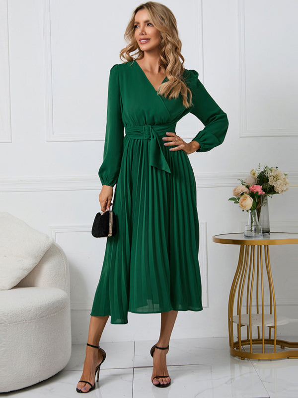 ✨ Chic Long Sleeve V-Neck Belted A-Line Dress – Elegant & Flattering Fit ✨