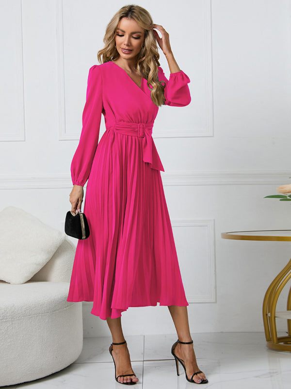 ✨ Chic Long Sleeve V-Neck Belted A-Line Dress – Elegant & Flattering Fit ✨