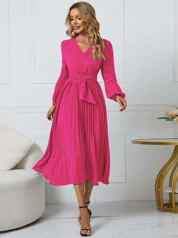 ✨ Chic Long Sleeve V-Neck Belted A-Line Dress – Elegant & Flattering Fit ✨