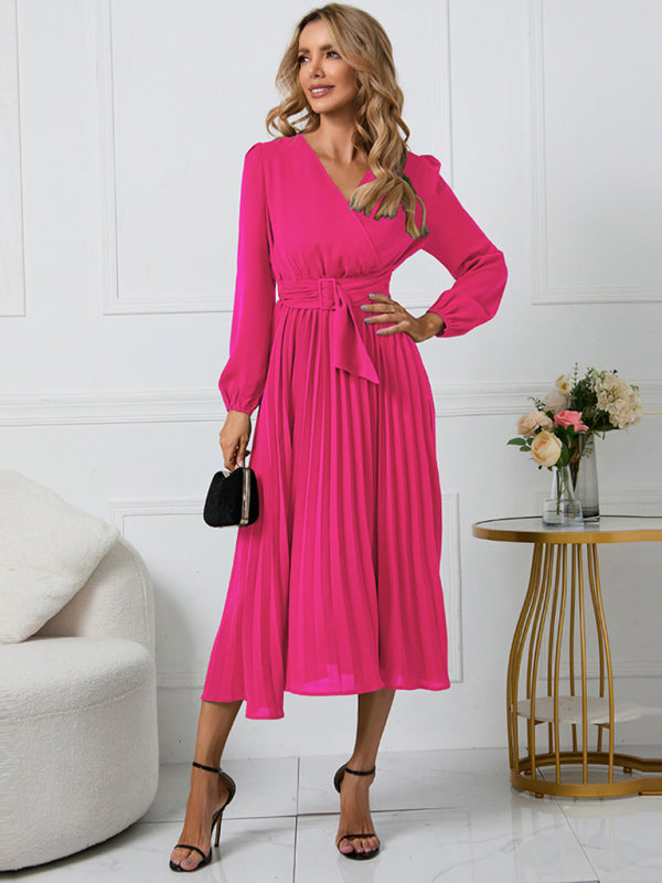 ✨ Chic Long Sleeve V-Neck Belted A-Line Dress – Elegant & Flattering Fit ✨