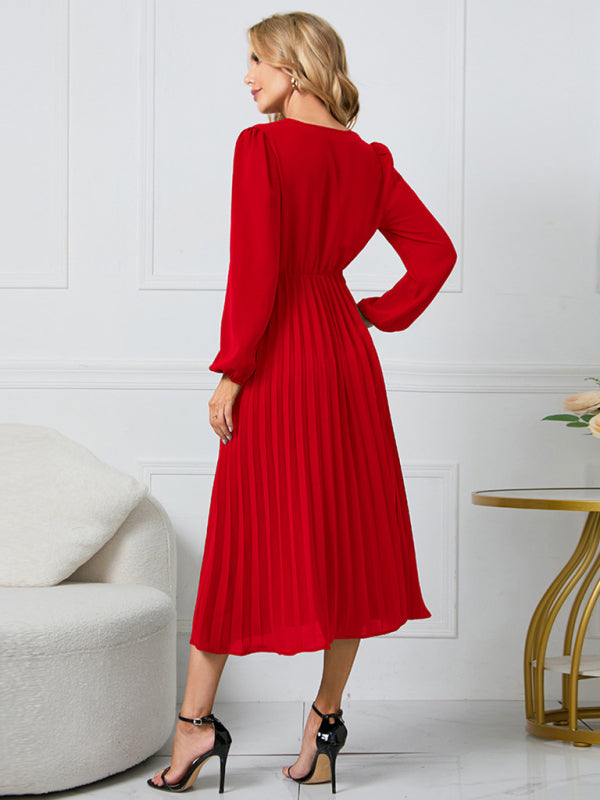 ✨ Chic Long Sleeve V-Neck Belted A-Line Dress – Elegant & Flattering Fit ✨