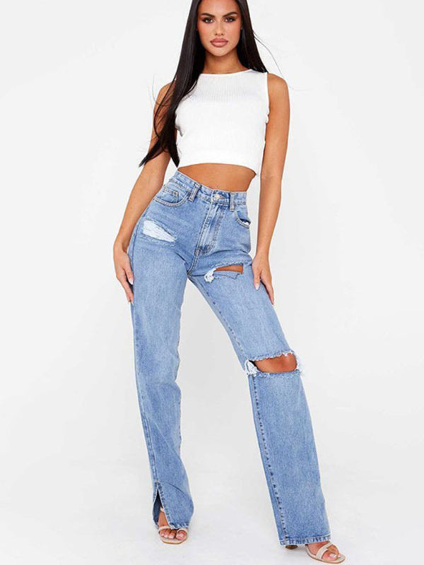 ✨ Trendy Straight-Leg Mopping Jeans – High-Waist, Ripped Ankle & Flared Slit for Street-Chic Vibes 🔥