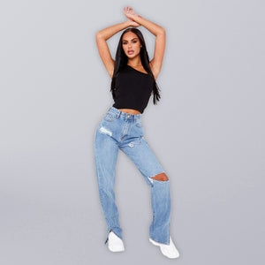 ✨ Trendy Straight-Leg Mopping Jeans – High-Waist, Ripped Ankle & Flared Slit for Street-Chic Vibes 🔥