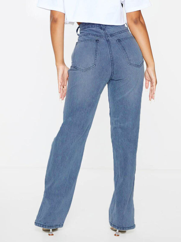 ✨ Trendy Straight-Leg Mopping Jeans – High-Waist, Ripped Ankle & Flared Slit for Street-Chic Vibes 🔥