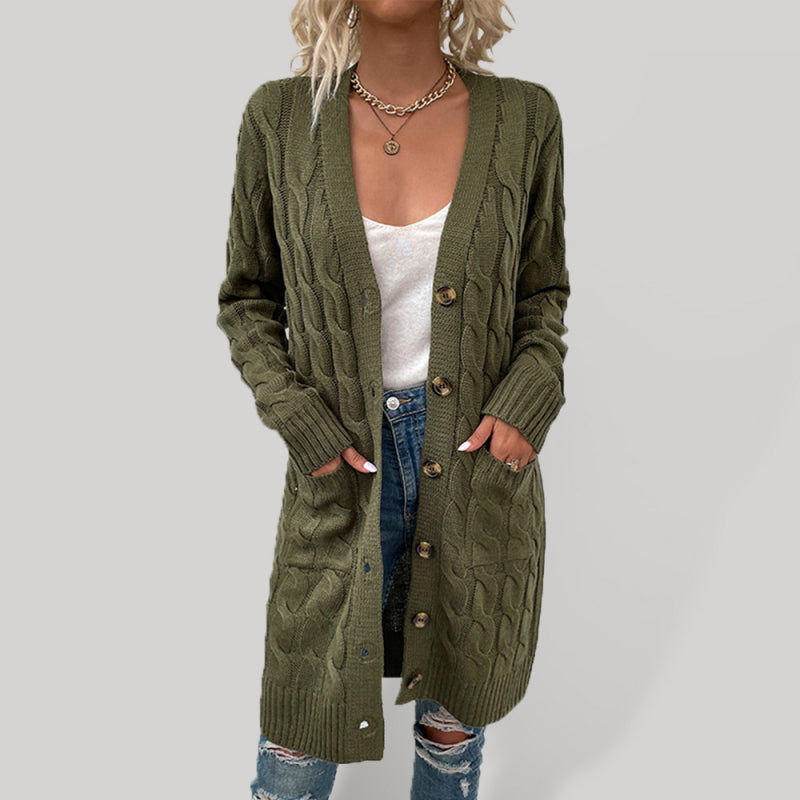 🧥 Cozy Chic Long Twist Cardigan – Stylish Button-Up with Pockets 🤍