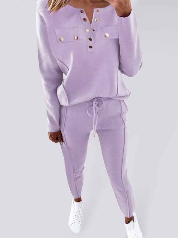 Chic Round Neck Button Casual Set – Stylish & Comfy Outfit