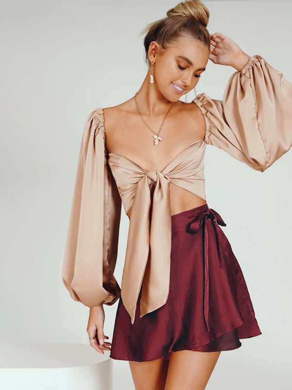 Chic High Waist Wrap Skirt – Flowy Satin Tie Skirt for Effortless Style