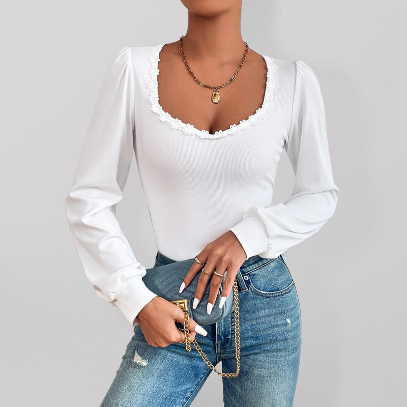 ✨ Chic V-Neck Puff Sleeve Lace Top – Stylish & Slim Fit Long Sleeve Blouse ✨