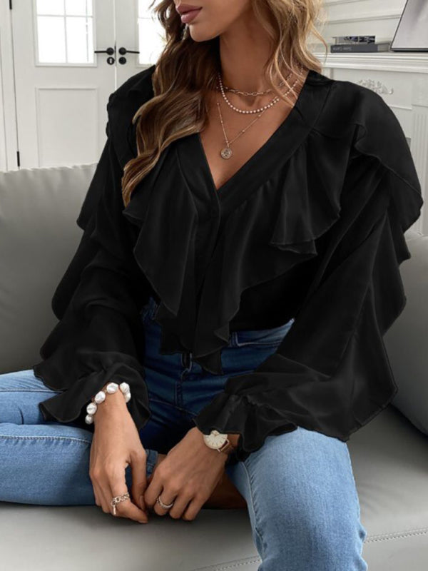 Chic V-Neck Ruffle Top – Long Sleeve Blouse for Effortless Style