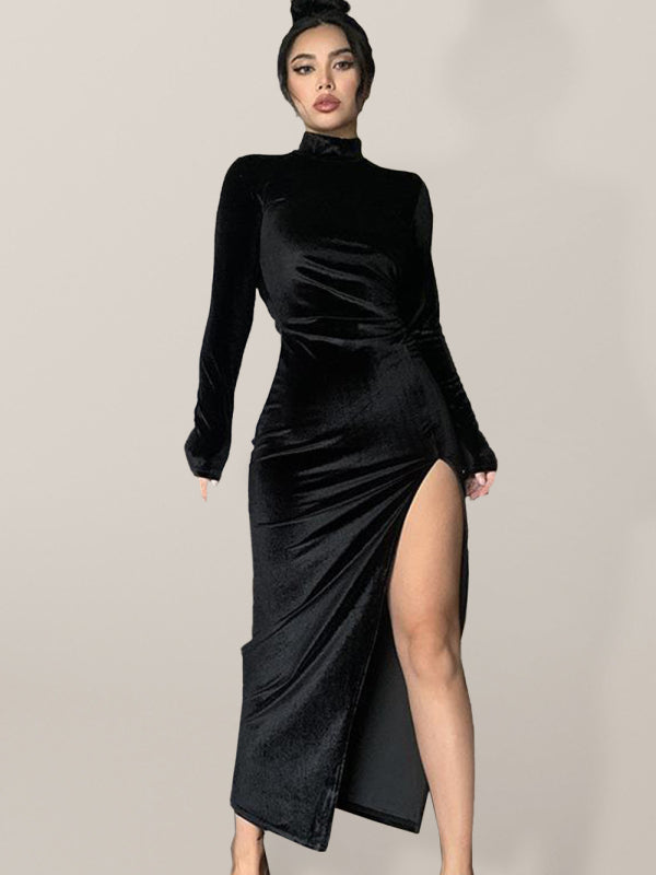 Velvet High-Neck Slit Dress – stylish, Elegant & Perfect for Any Occasion