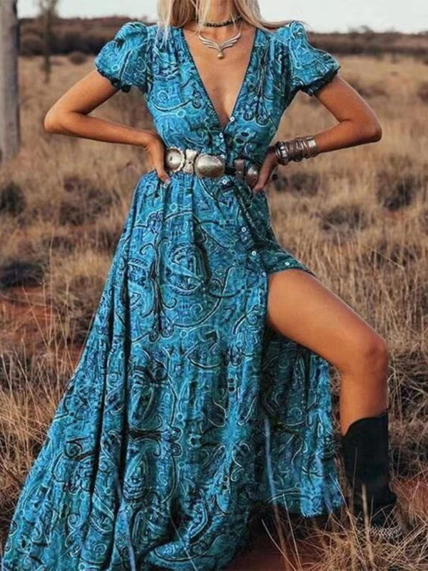 Boho Chic V-Neck Maxi Dress – Flowy, Stylish, Perfect for Vacation Vibes