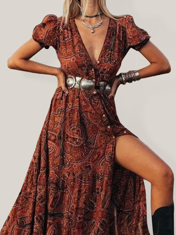 Boho Chic V-Neck Maxi Dress – Flowy, Stylish, Perfect for Vacation Vibes
