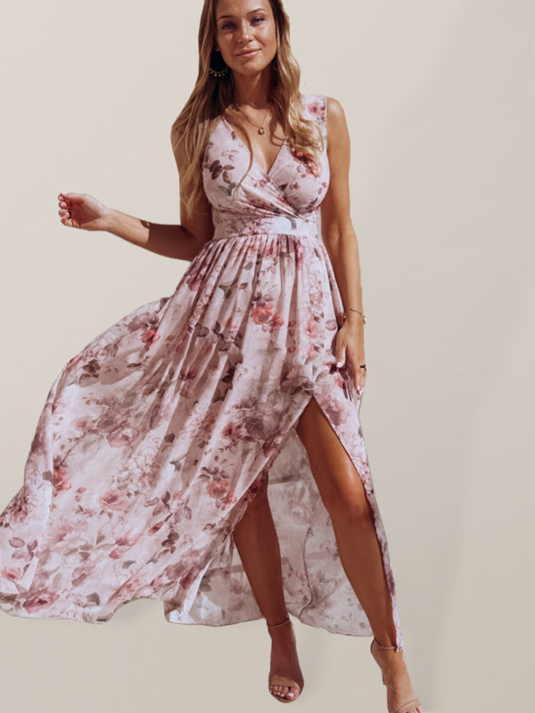 Elegant Floral Chiffon Maxi Dress Sleeveless Vacation Beach Slit