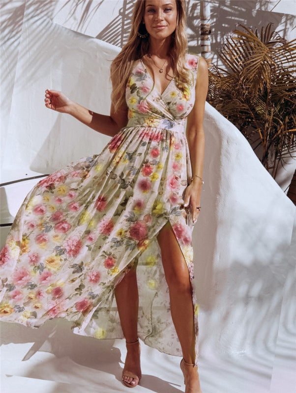 Elegant Floral Chiffon Maxi Dress Sleeveless Vacation Beach Slit
