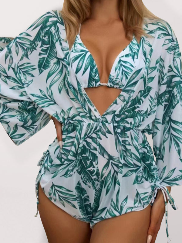 Women's Tropical Print 3-Piece Bikini Set – High Waist, Trendy & Flattering