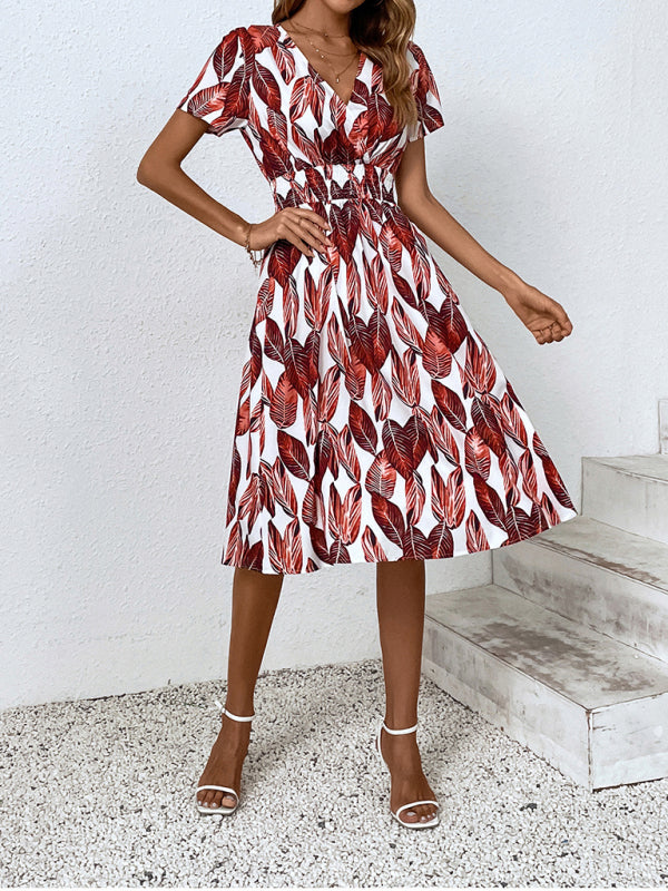 🌿 Leaf Print V-Neck Midi Dress – Chic & Breezy Vacation Outfit ✨