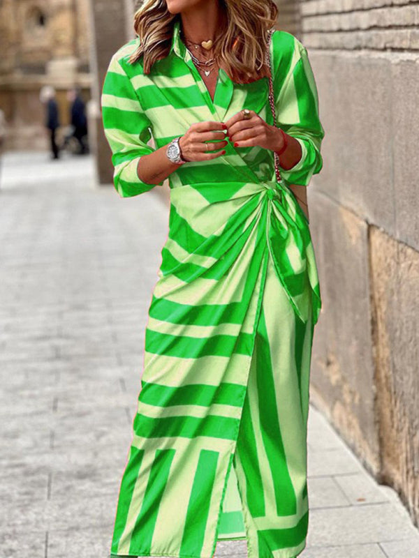 Chic Lantern Sleeve Midi Dress Tie-Slit Contrast Lapel Elegance