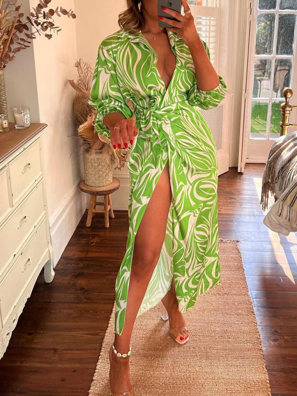Chic Lantern Sleeve Midi Dress Tie Waist Contrast Design – Perfect for Any Occasion