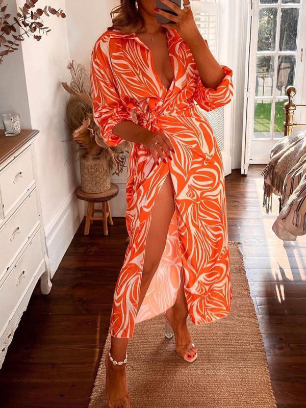 Chic Lantern Sleeve Midi Dress Tie Waist Contrast Design – Perfect for Any Occasion