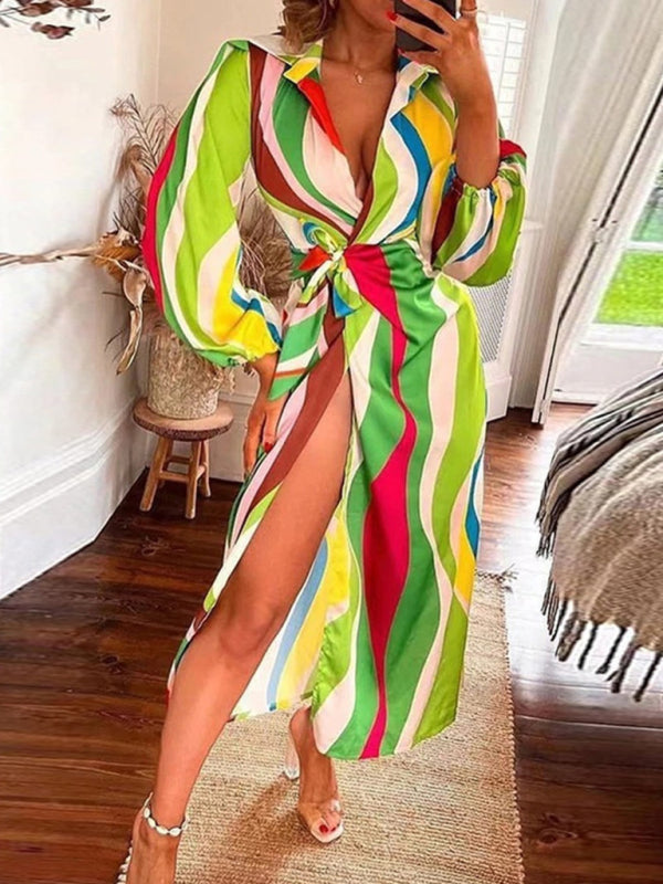 Chic Lantern Sleeve Midi Dress Tie Waist Contrast Design – Perfect for Any Occasion