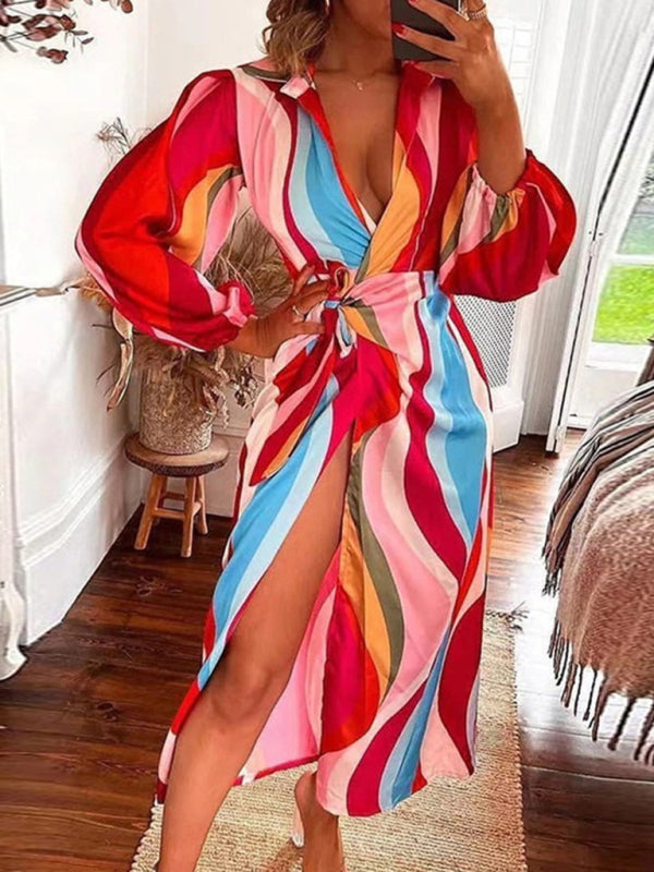 Chic Lantern Sleeve Midi Dress Tie-Slit Contrast Lapel Elegance