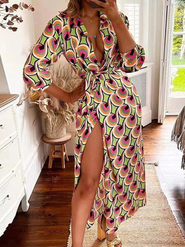 Chic Lantern Sleeve Midi Dress Tie-Slit Contrast Lapel Elegance