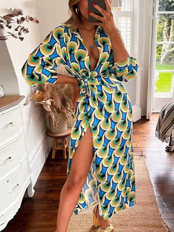 Chic Lantern Sleeve Midi Dress Tie-Slit Contrast Lapel Elegance