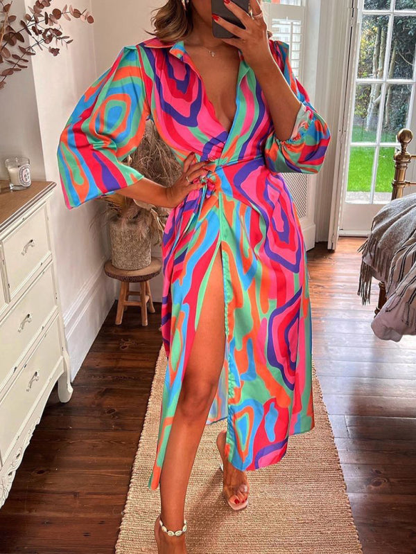 Chic Lantern Sleeve Midi Dress Tie Waist Contrast Design – Perfect for Any Occasion