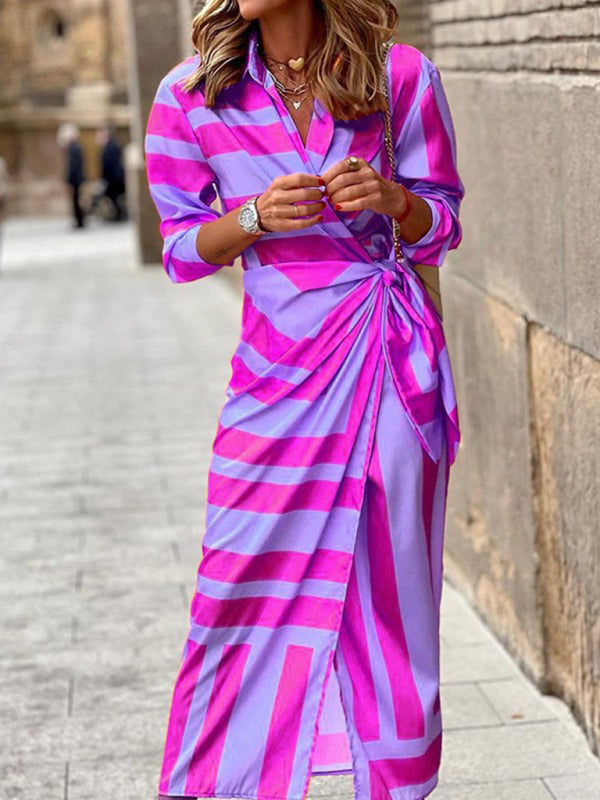 Chic Lantern Sleeve Midi Dress Tie-Slit Contrast Lapel Elegance