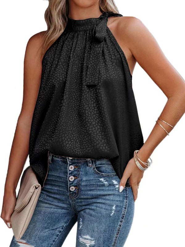 Chic Leopard Print Halter Tank Top Sleeveless Bow Detail – Trendy & Stylish