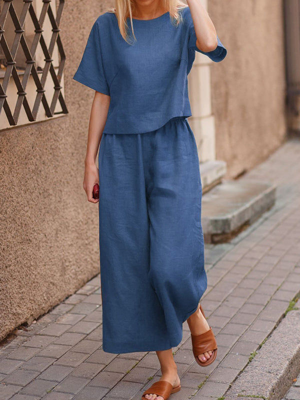 Chic & Comfy Women's Cotton Linen 2-Piece Set – Casual Short Sleeve Outfit