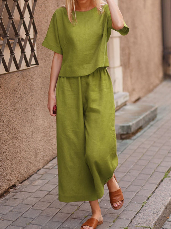 Chic & Comfy Women's Cotton Linen 2-Piece Set – Casual Short Sleeve Outfit
