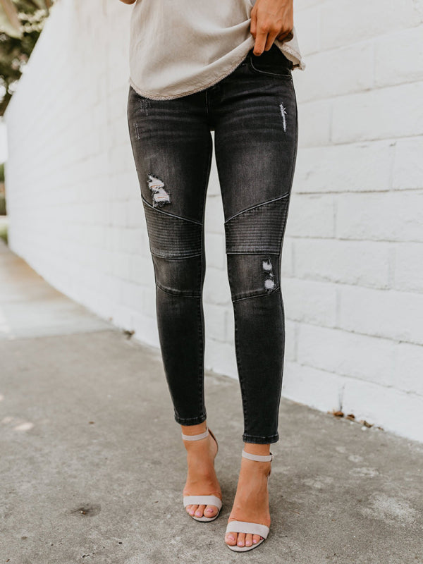 🔥 Women's Fitted Distressed Pleated Jeans – Trendy, Stretchy & Chic Denim Essential ✨