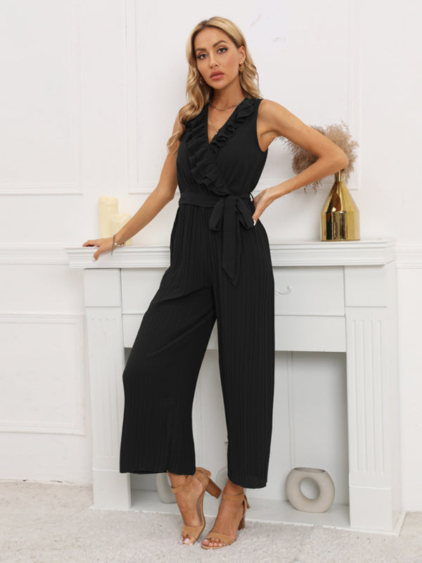 Chic & Stylish Sleeveless V-Neck Ruffle Lace Jumpsuit – Perfect for Spring & Summer