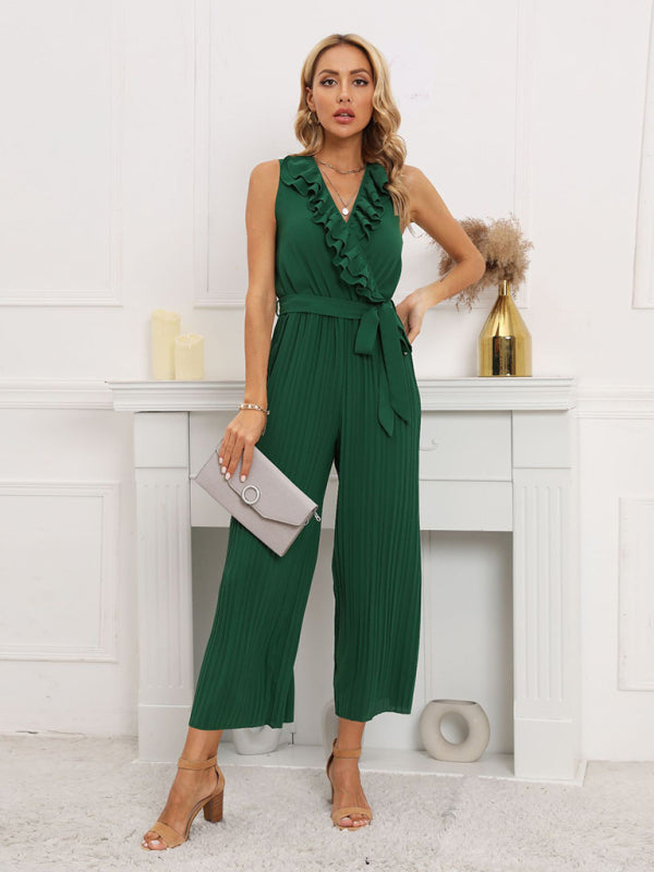 Chic & Stylish Sleeveless V-Neck Ruffle Lace Jumpsuit – Perfect for Spring & Summer