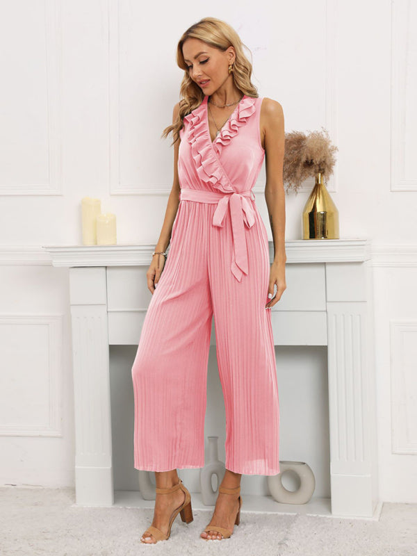 Chic & Stylish Sleeveless V-Neck Ruffle Lace Jumpsuit – Perfect for Spring & Summer