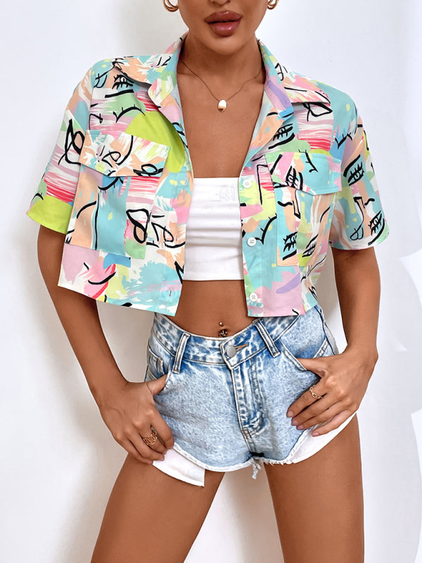 Trendy Graffiti Print Cropped Shirt – Edgy & Stylish Streetwear