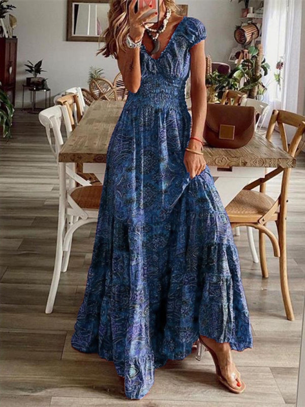 Boho Floral Maxi Dress Waist-Defined Flowy Summer Dress
