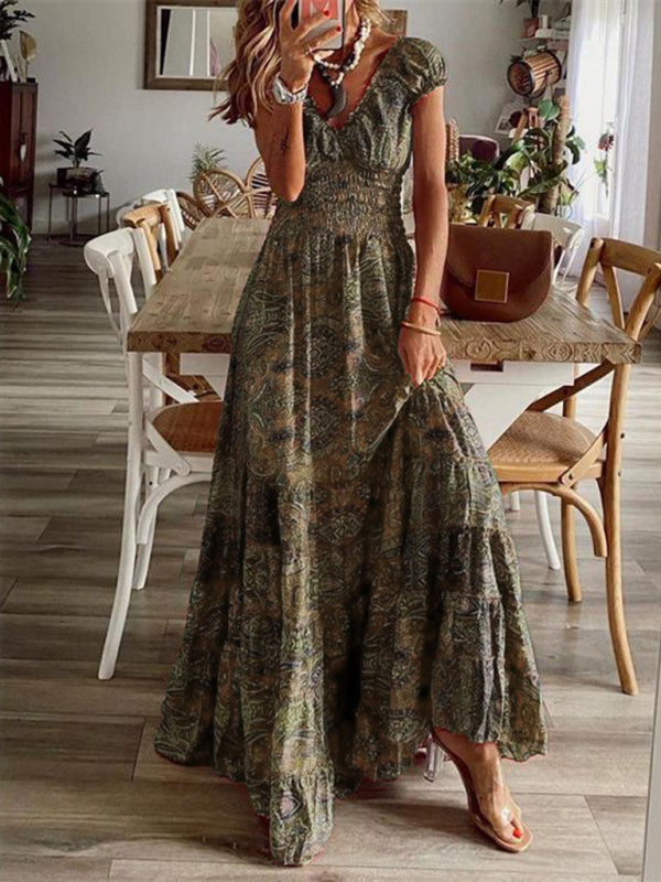 Boho Floral Maxi Dress Waist-Defined Flowy Summer Dress