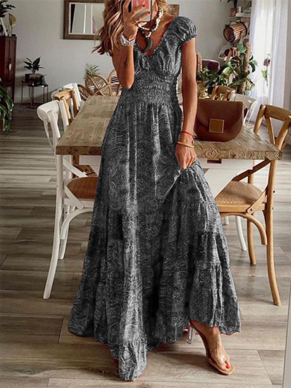 Boho Floral Maxi Dress Waist-Defined Flowy Summer Dress