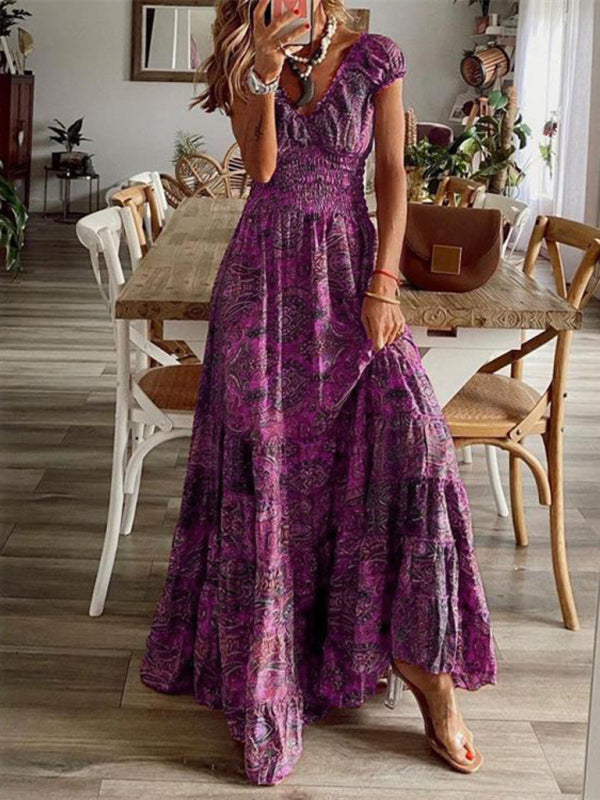 Boho Floral Maxi Dress Waist-Defined Flowy Summer Dress